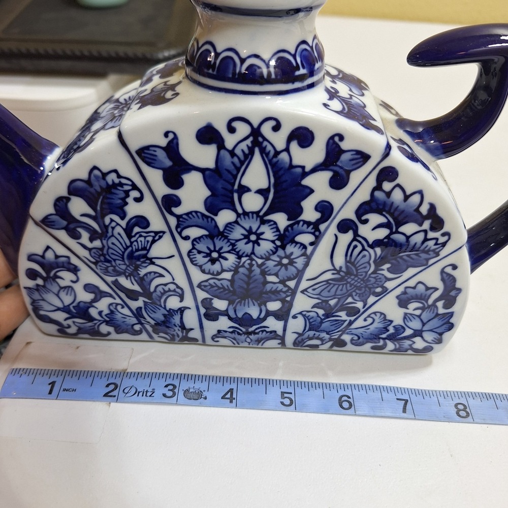 Blue White Porcelain Teapot Floral Butterfly Asian Style Decorative No Lid - Picture 7 of 7